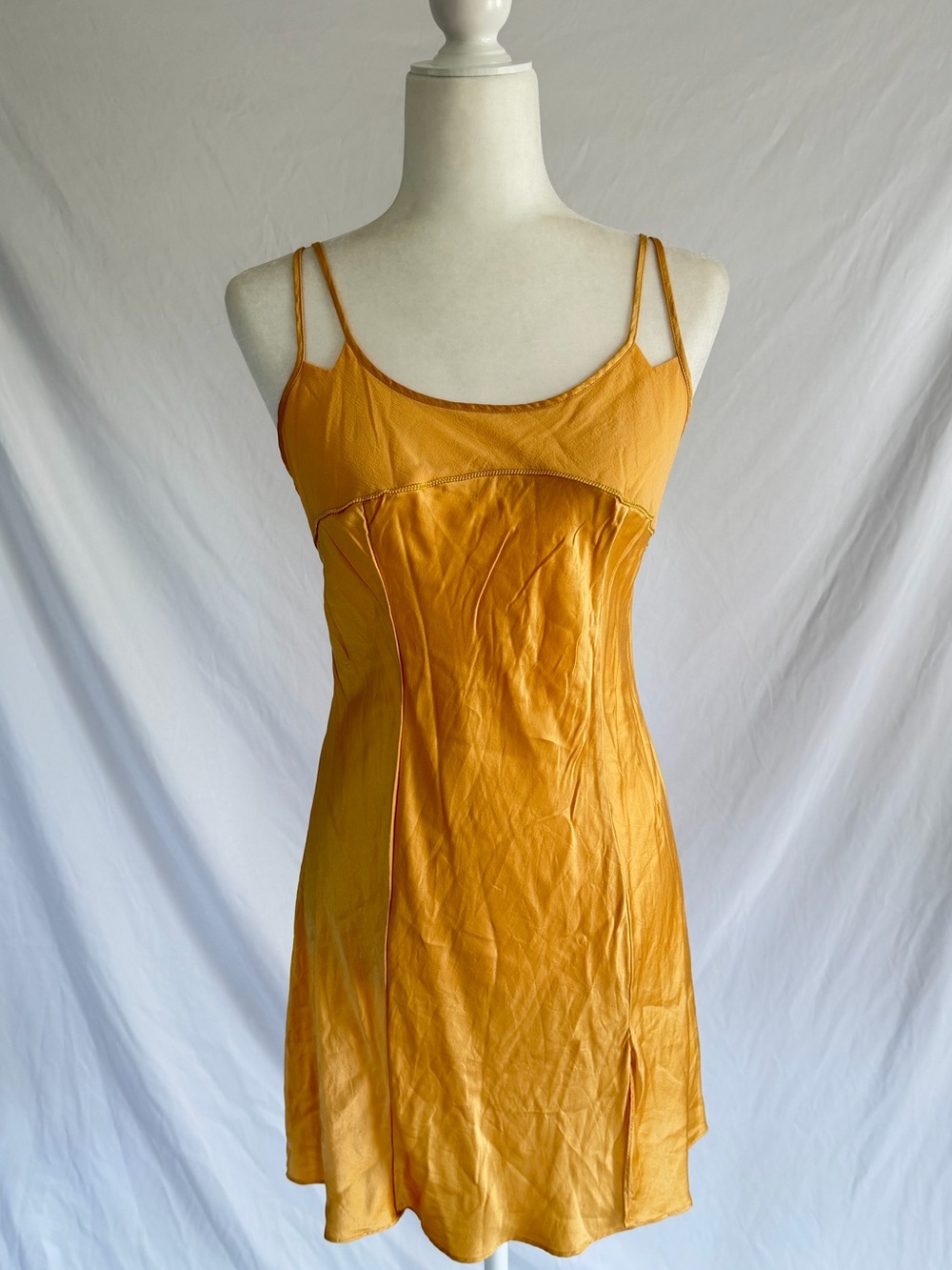 Vintage 100% silk Victoria's Secret Mustard golden Yellow Spaghetti Strap Slip